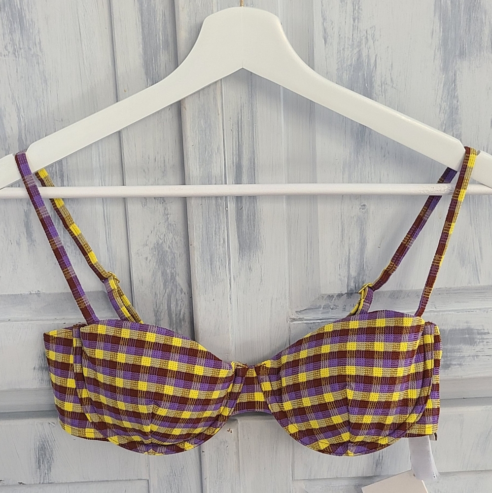 Tory Burch Purple Yellow Brown Plaid Bikini Top